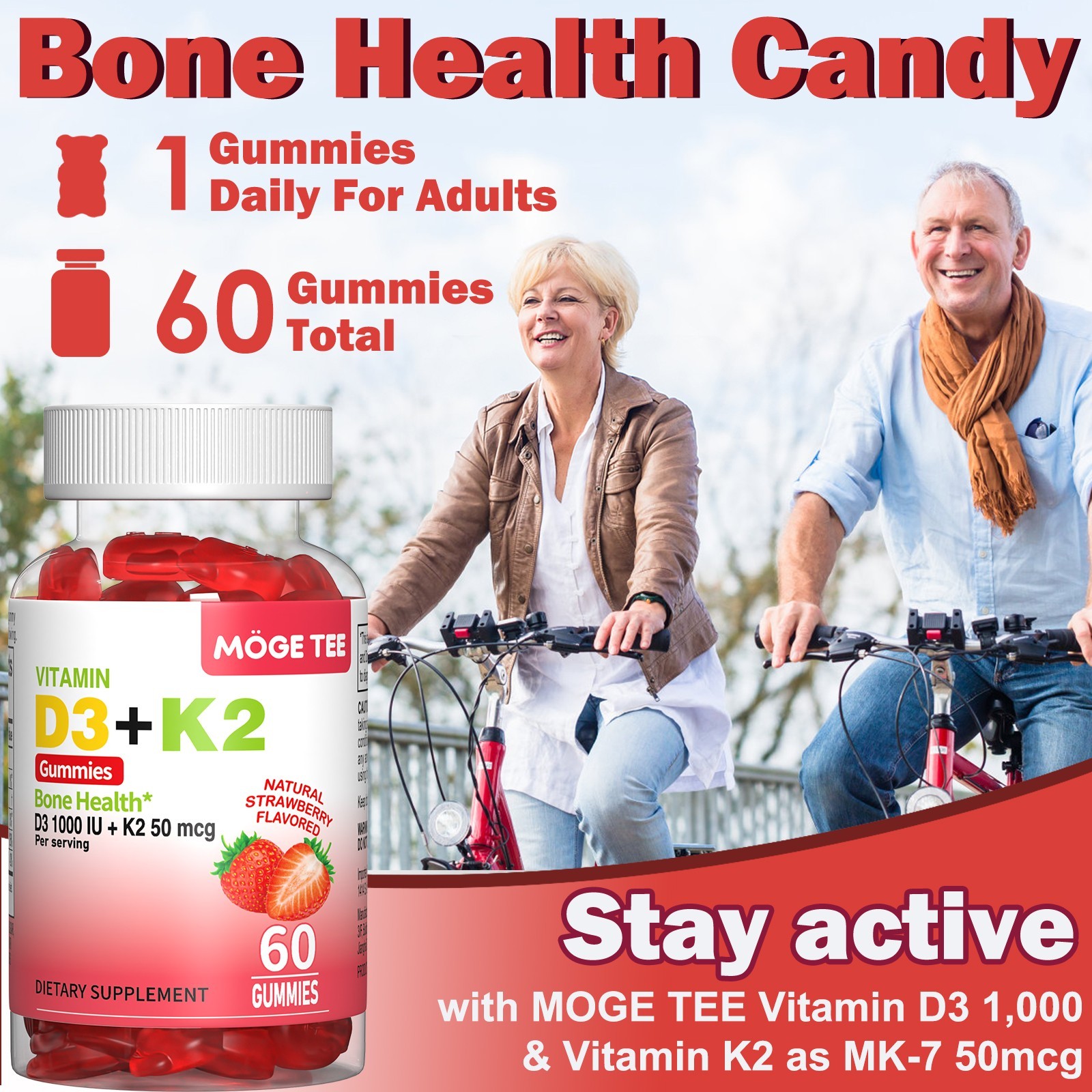 Vitamin K2 D3 Gummies Bone Immune Support Non-GMO 60-240 Count Strawberry Flavor
