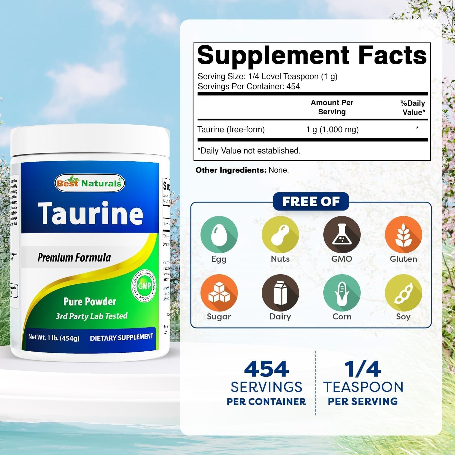 100% Pure Taurine Powder Free Form – Taurine 1000mg per Serving – 1 Lb 454 gm…