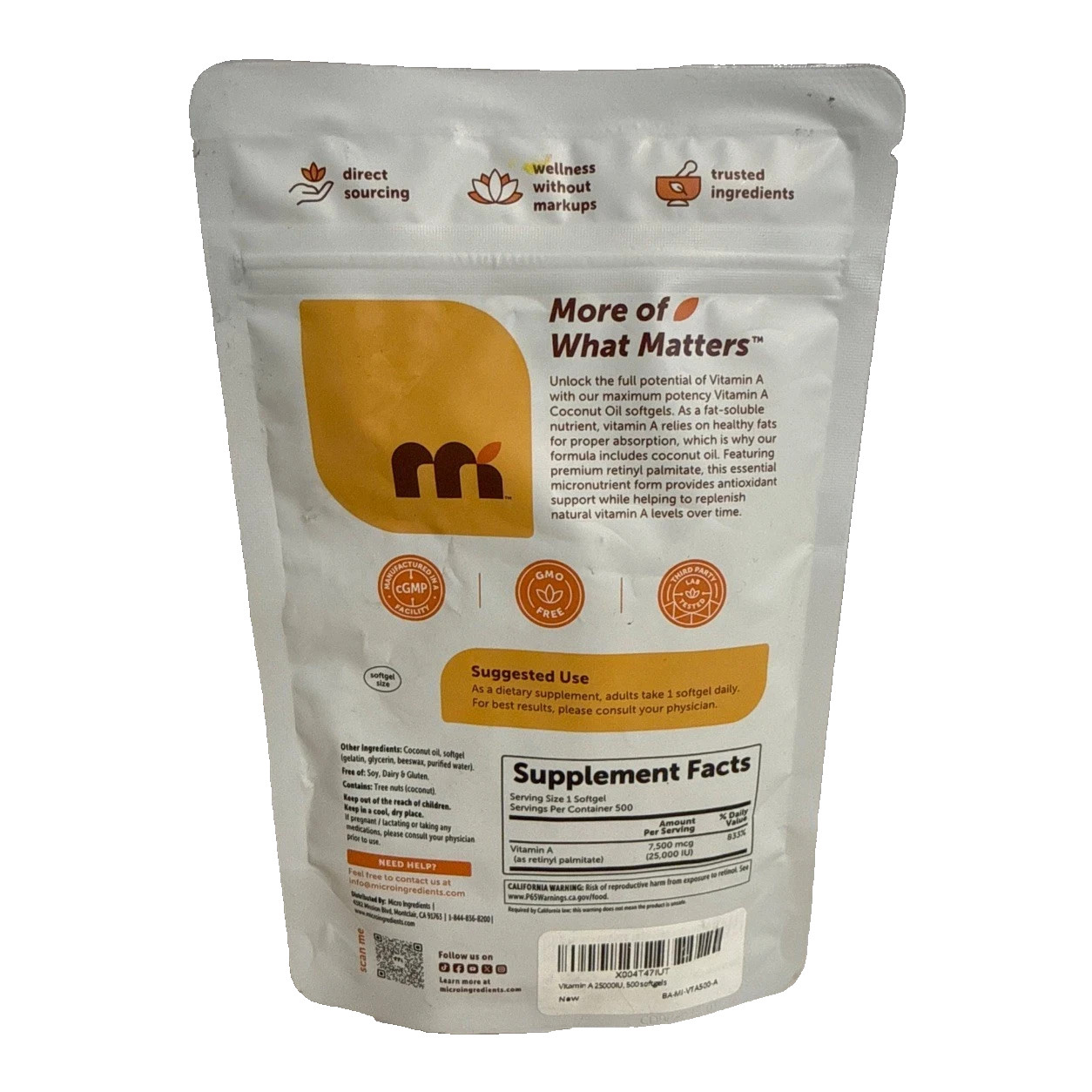 $25 Micro Ingredients, Vitamin A,(25,000 IU), 500 Softgels (Exp 03/2028)