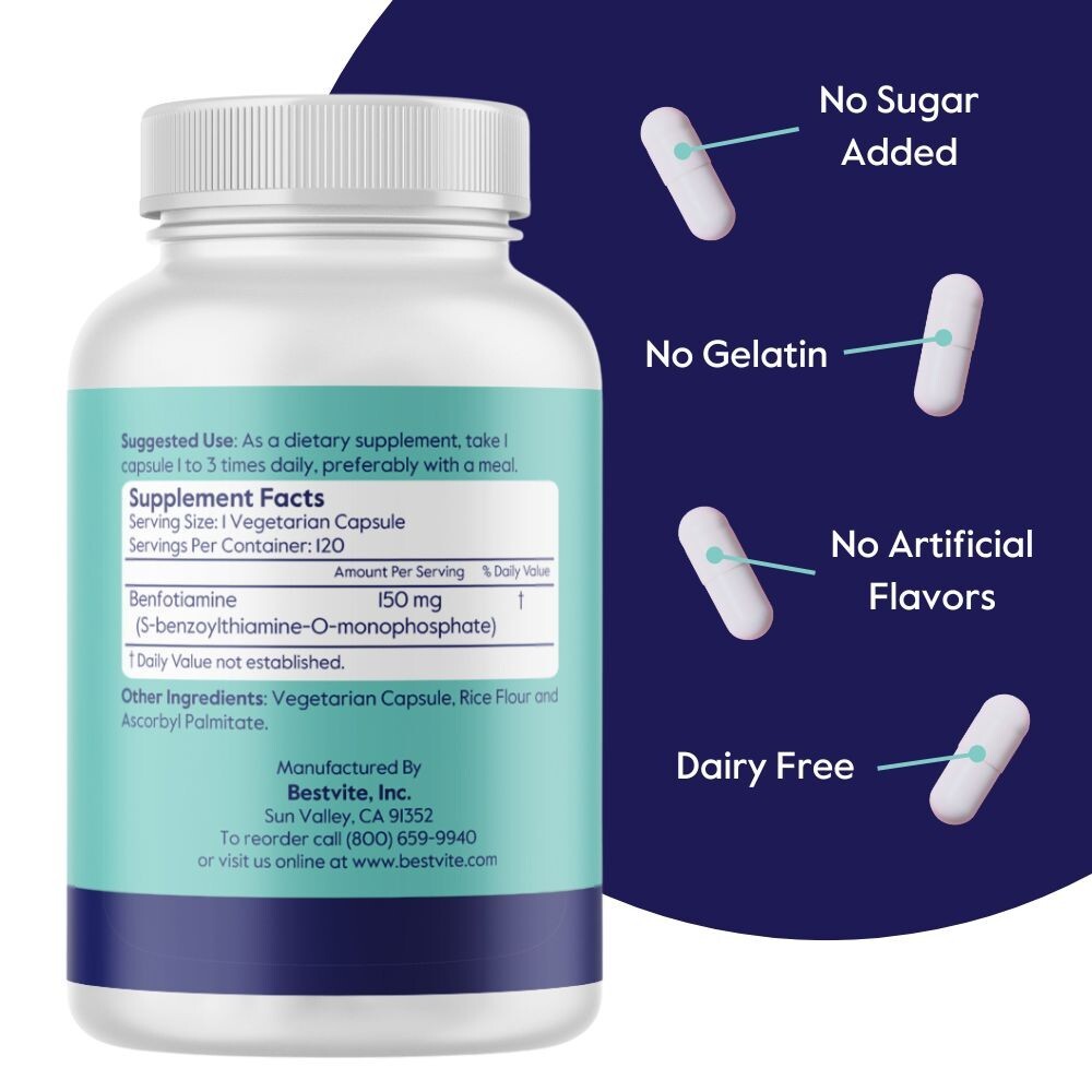 Benfotiamine 150mg (120 Vegetarian Capsules)-No Stearates-No Silicon Dioxide