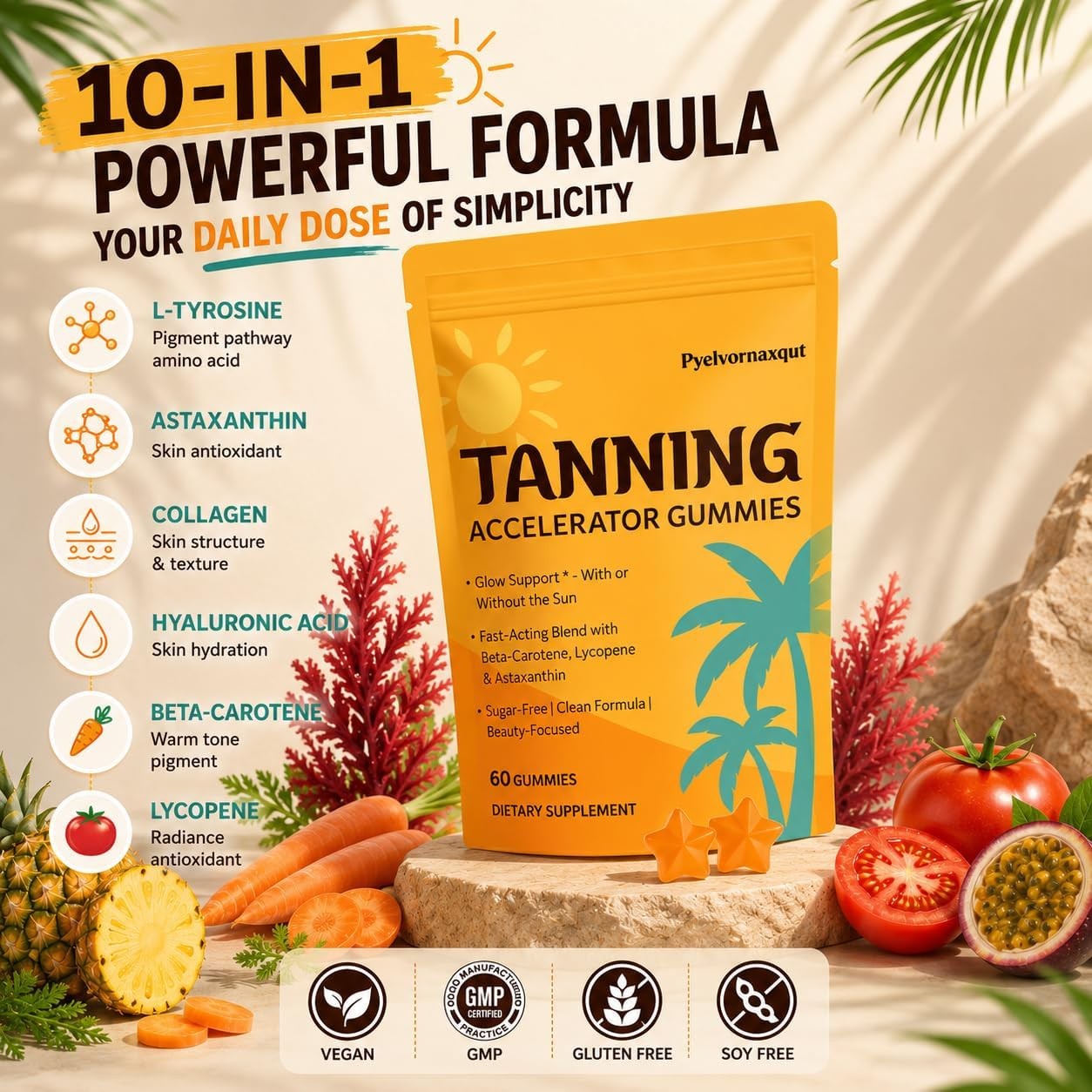 Tanning Gummies with Astaxanthin Beta Carotene, Lycopene 60 Count EXP:12/28