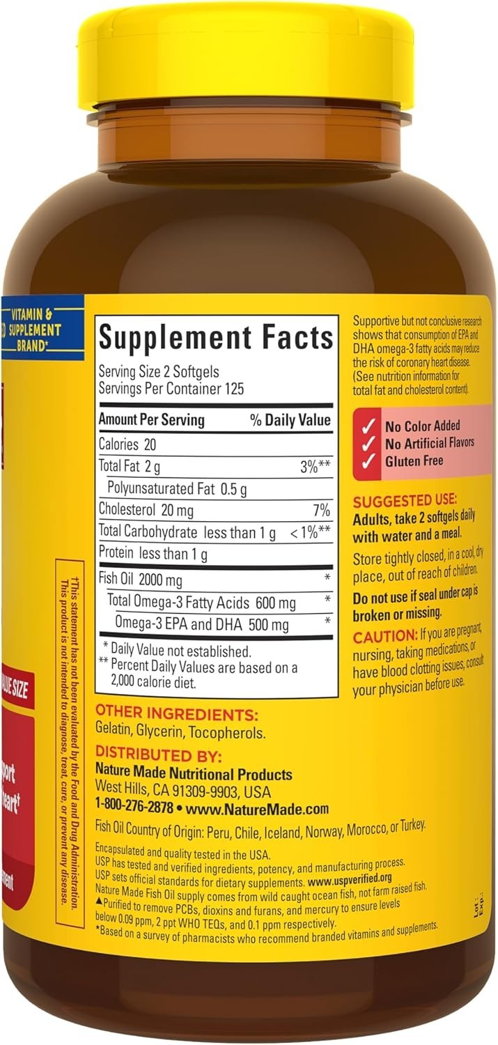 1000mg Omega 3 Fish Oil Supplements – 250 Softgels for Heart Health Support