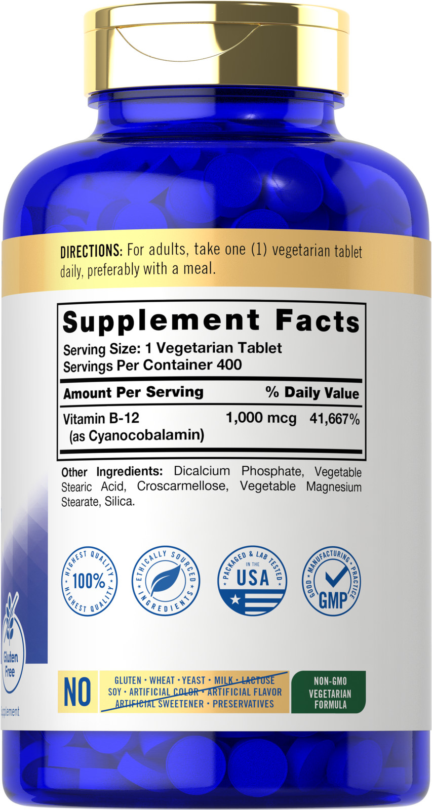 Vitamin B12 1000 mcg | 400 Tablets | Vegetarian, Non-GMO | by Carlyle