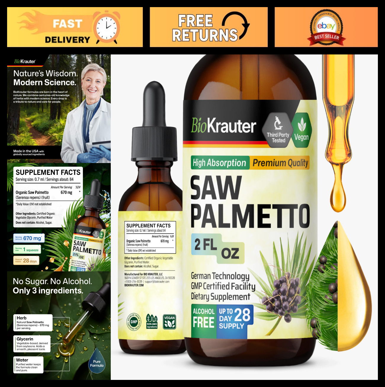 Saw Palmetto Liquid Drops 670mg – Vegan Hair & Skin Wellness, 28-Day Supply