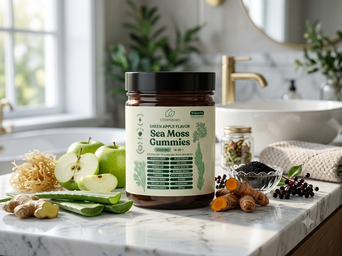 16 IN 1 Organic Sea Moss Gummy Irishmoss Extract 6000Mg | Green Apple Flavor US