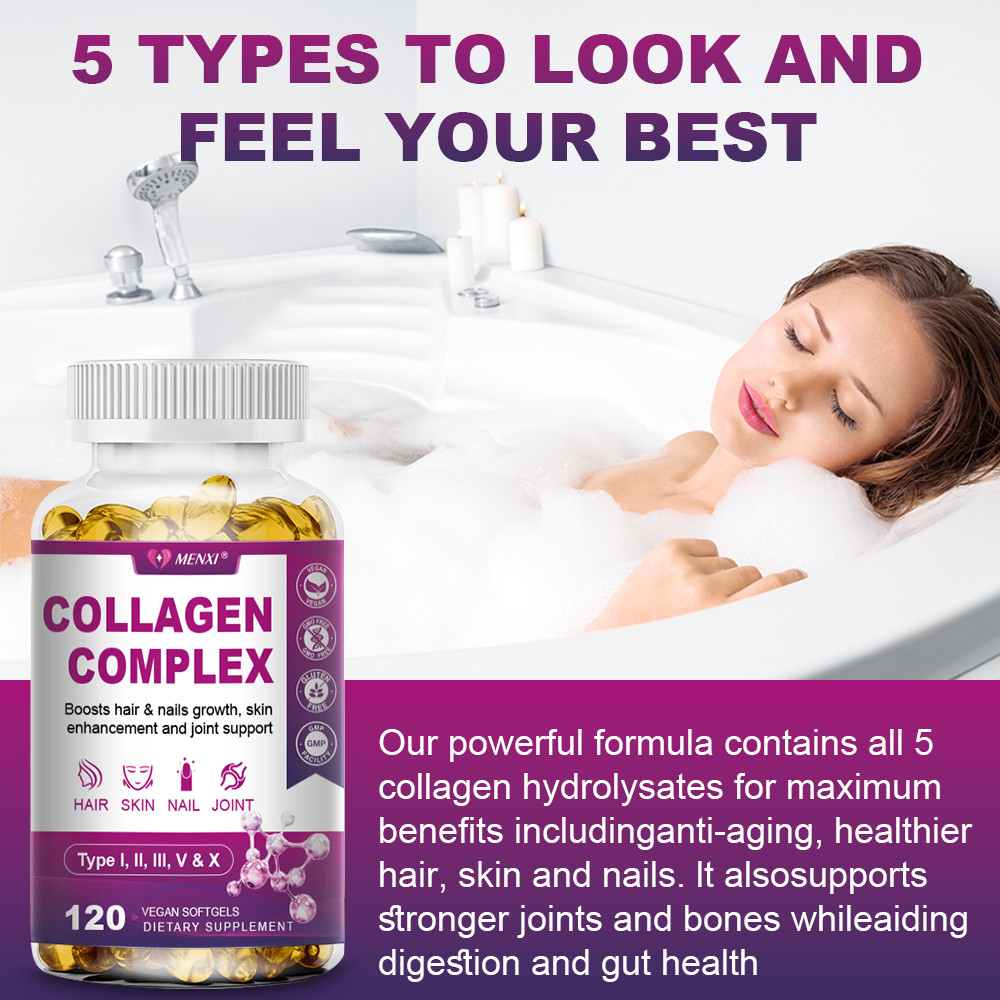 Collagen Peptides Pills 2000mg Hydrolyzed Anti Aging Capsules Types I,II,III,V,X