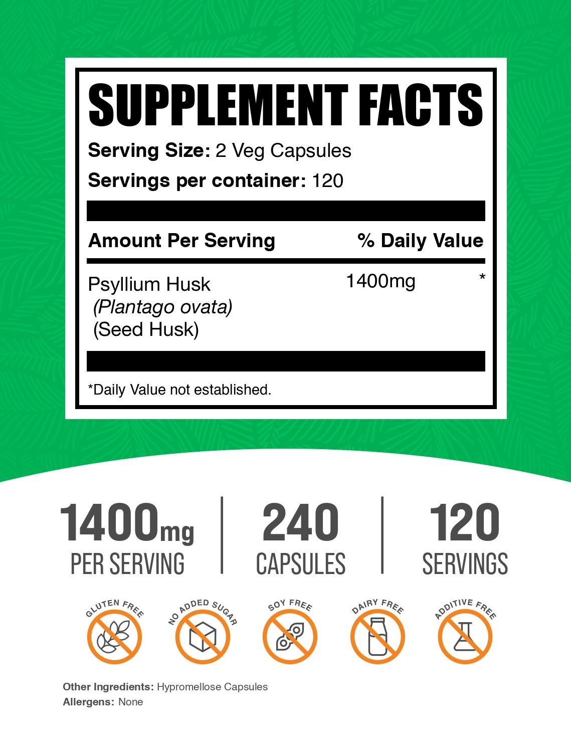 BulkSupplements Psyllium Husk 240 Capsules – Vegan Fiber Boost