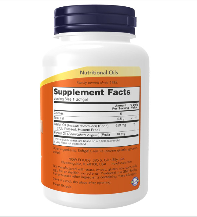 Supplements, Castor Oil 650 mg with Fennel Oil, Natural Laxative*, 120 Softgels