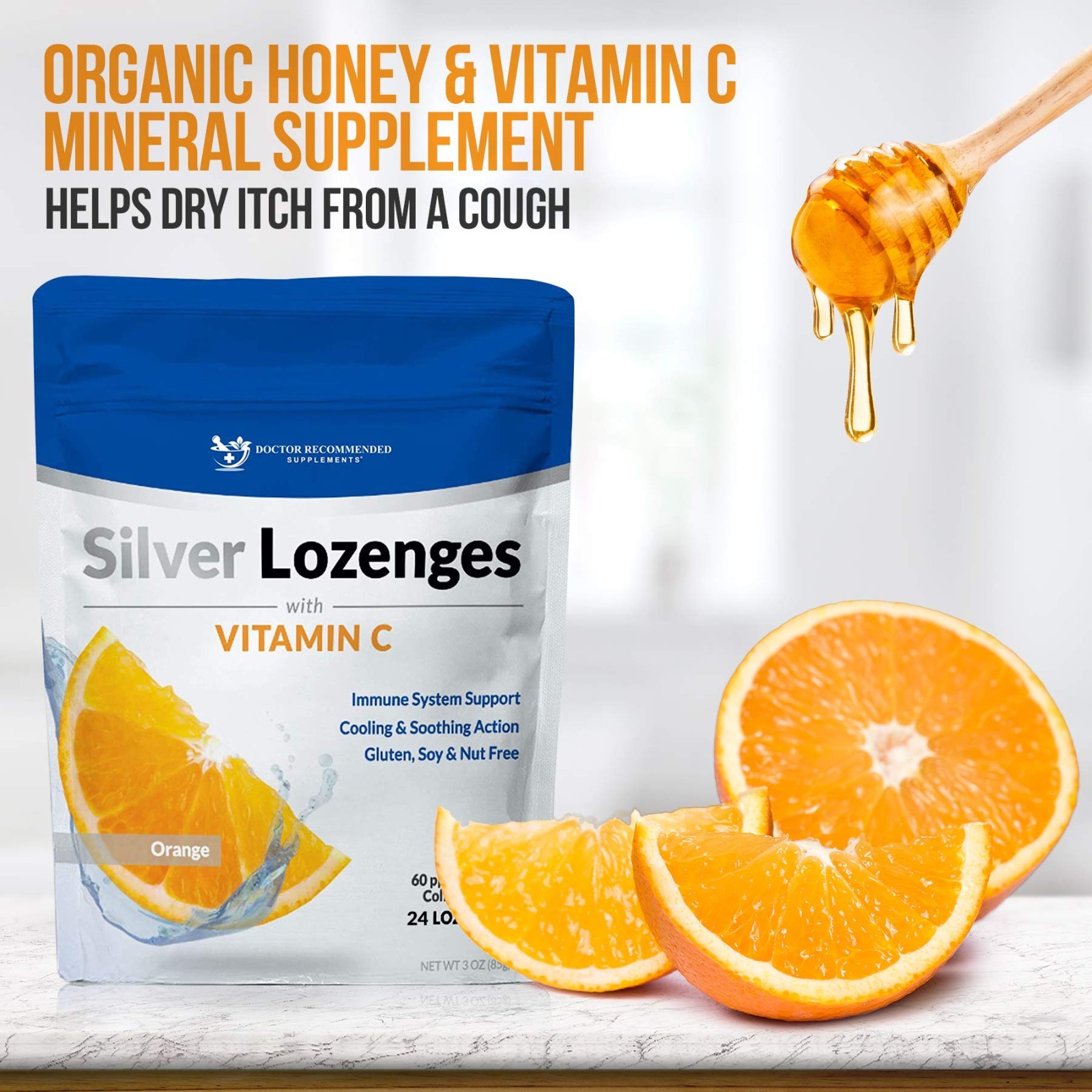 Premium Colloidal Silver Lozenges with Vitamin C & Organic Honey – 24 Orange Dro