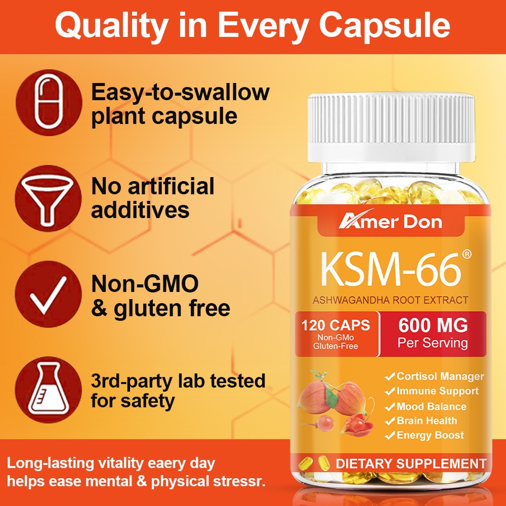 Amer Don KSM-66 Ashwagandha Root Extract 600mg, 60 Vegetarian Caps