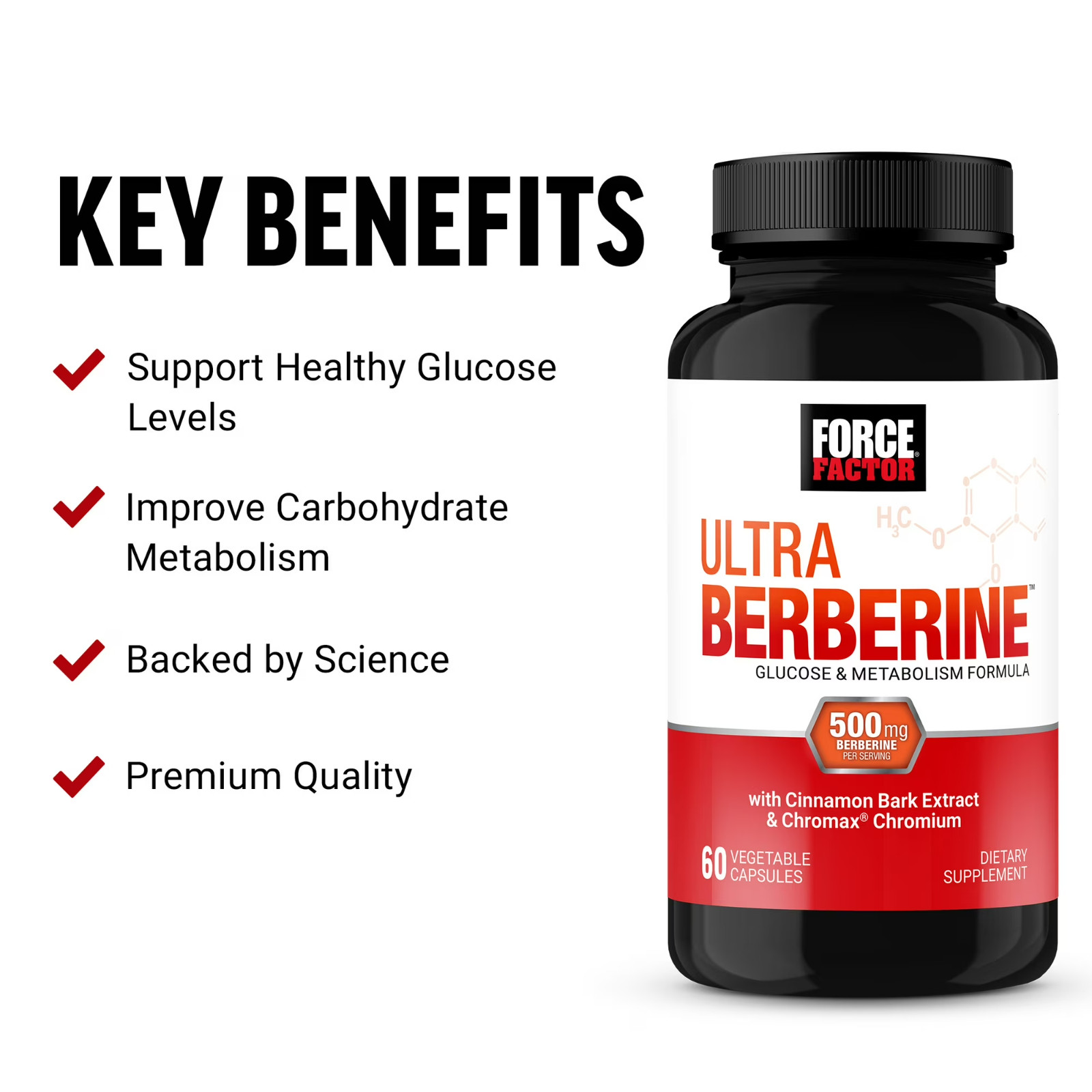 Force Factor Ultra Berberine 500mg HCL w/ Cinnamon & Chromium 60 Capsules Metabo