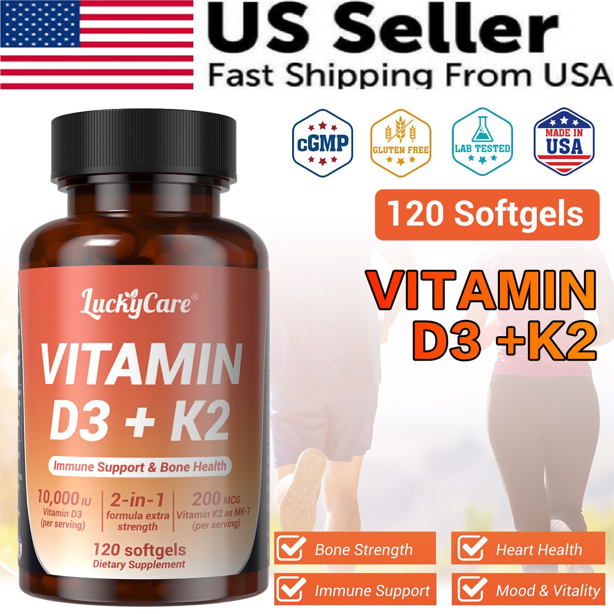 Vitamin D3 K2 10000 iu with Coconut Oil, VIT d3 and k2 Supplements, 120 Gel Caps
