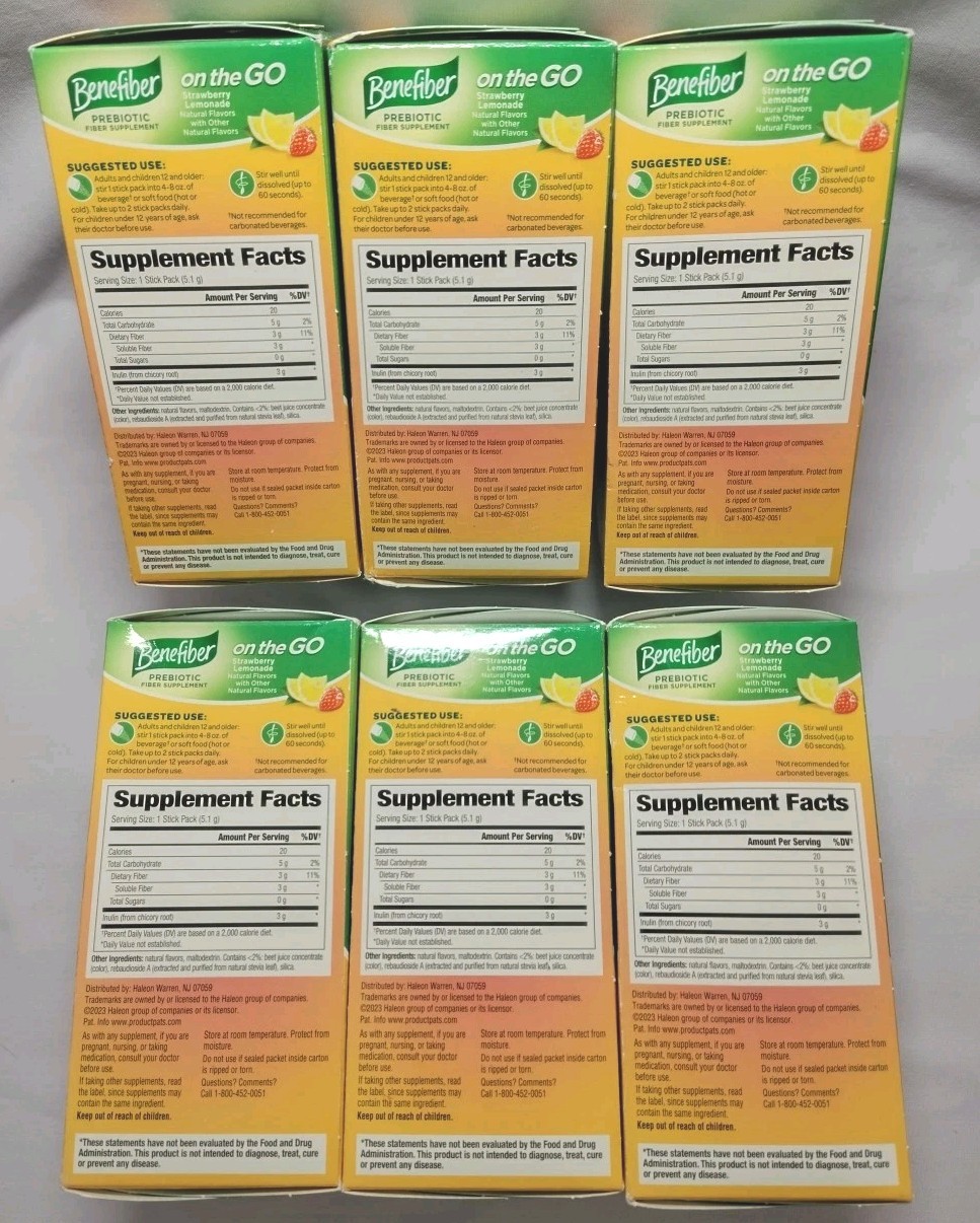 6 BOXES Benefiber Prebiotic Fiber 144 Sticks TOTAL Strawberry Lemonade On The Go