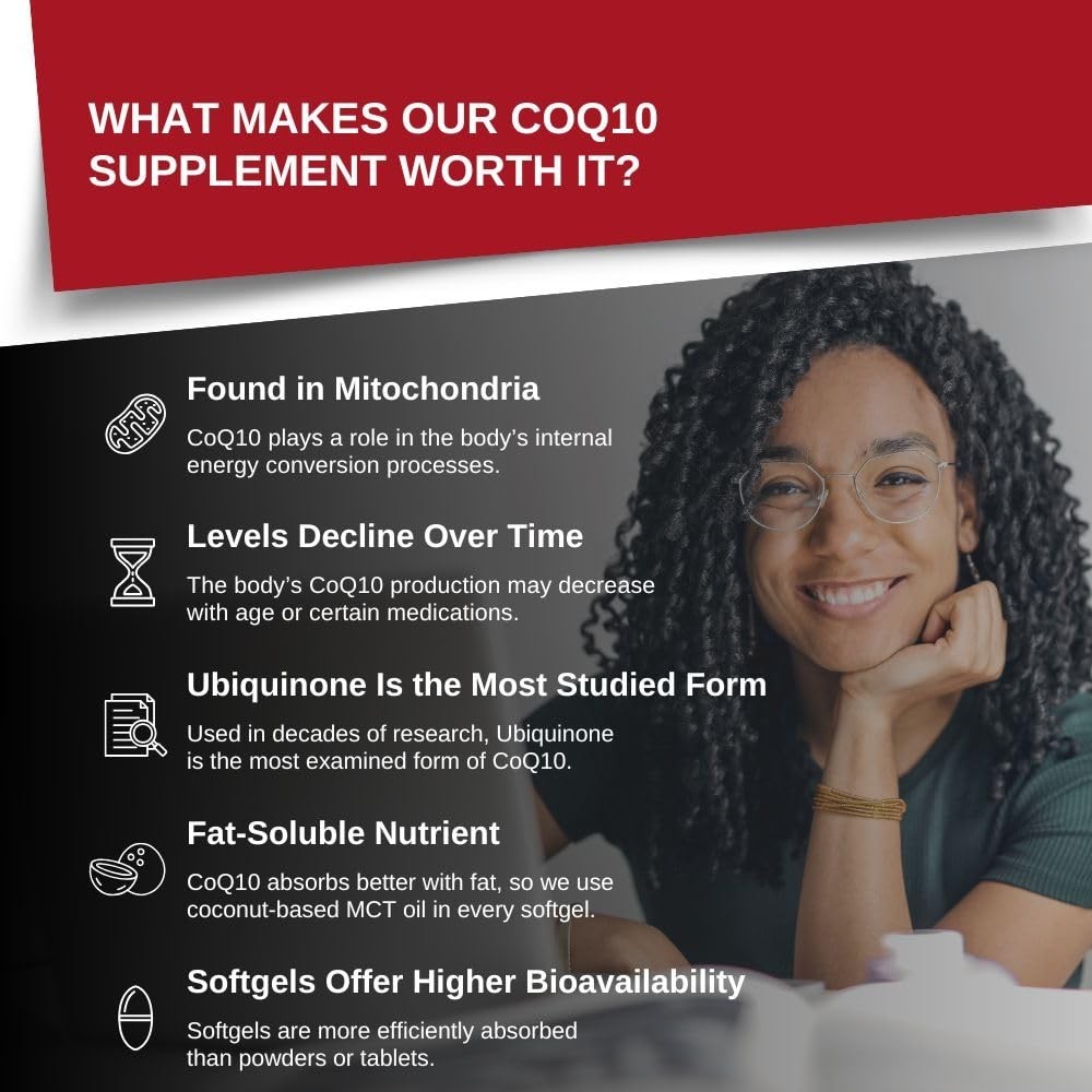 200mg CoQ10 Ubiquinone Softgels with MCT Oil for Heart Health & Energy Boost