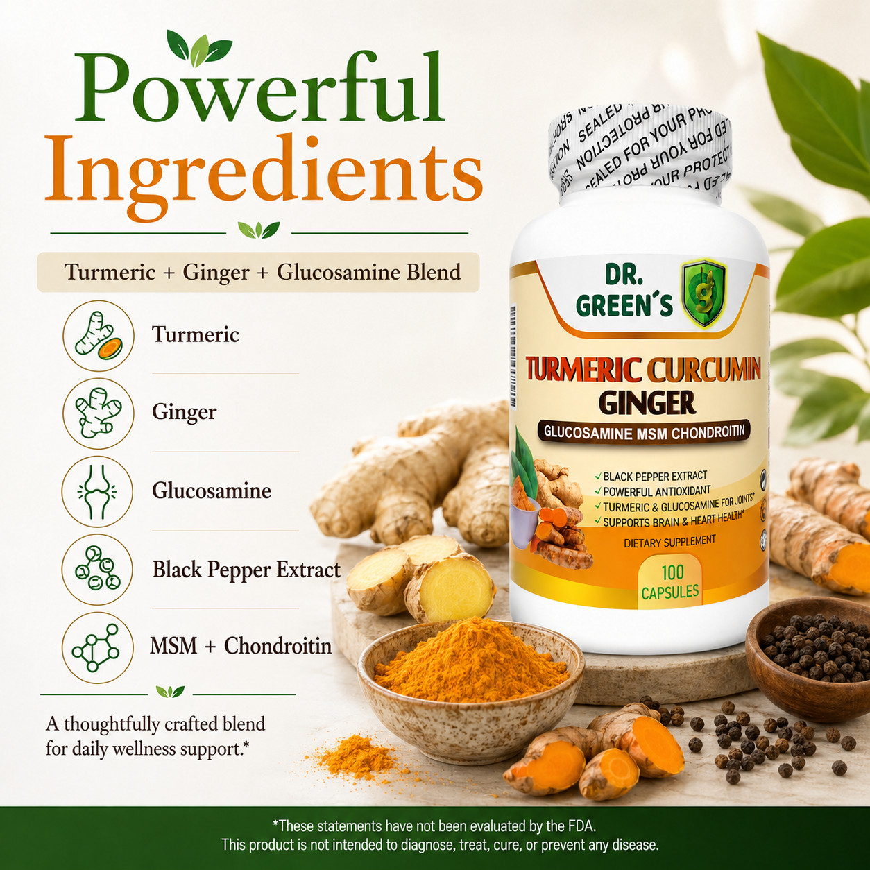 Turmeric Curcumin Piperin Biopterin 2600mg High Absorption Triple Strength 100