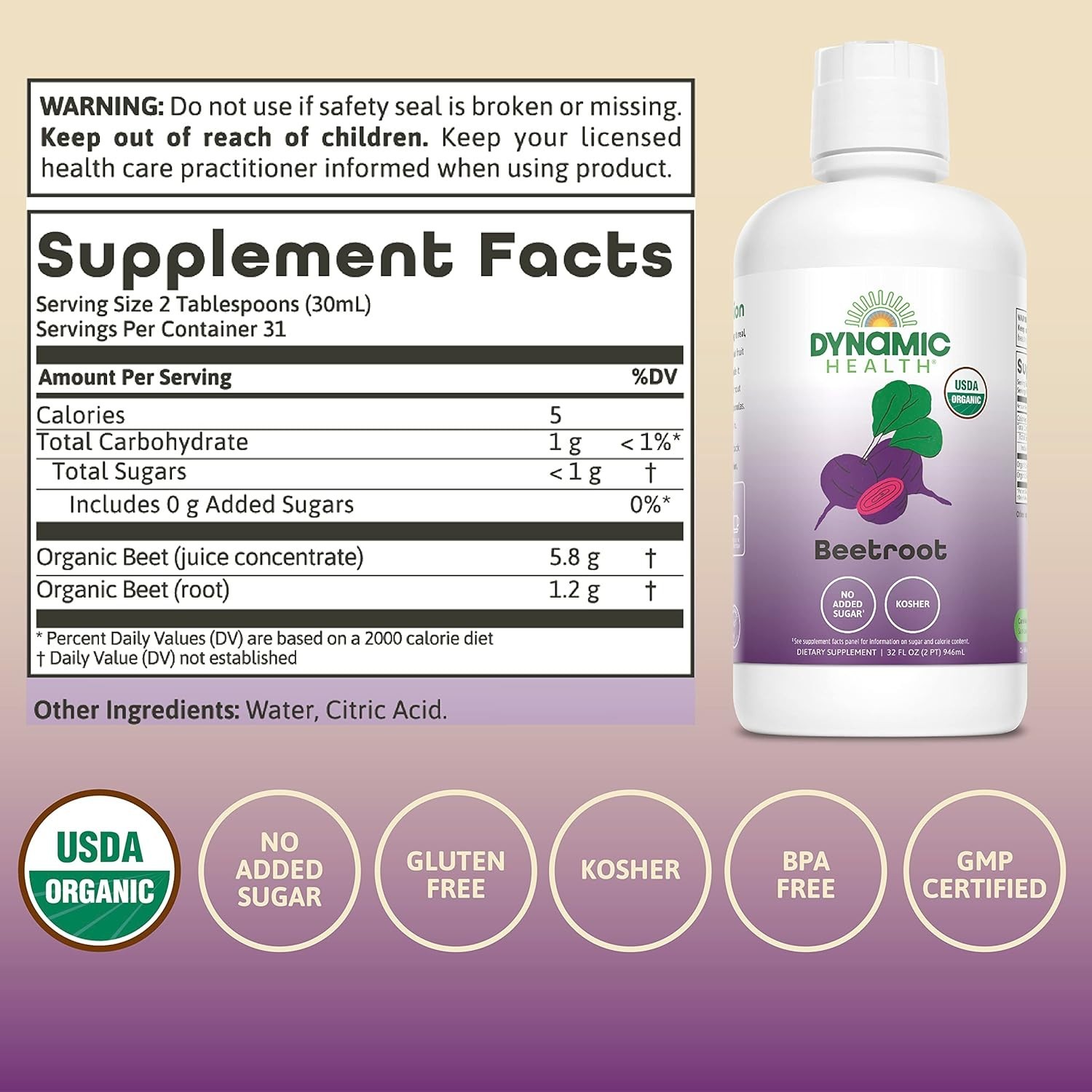 Dynamic Health Beetroot Liquid (Certified Organic) 32 fl.oz pack of 5