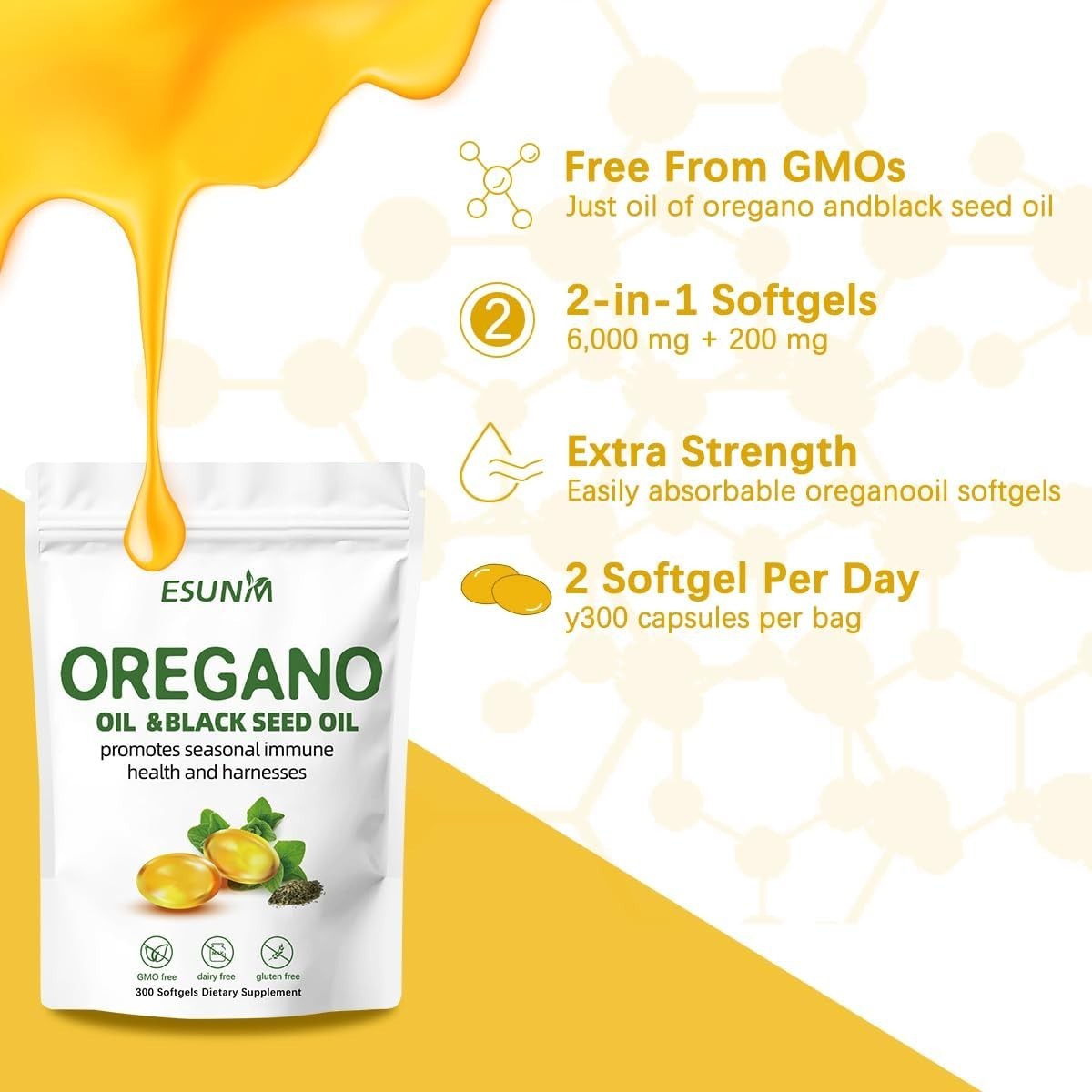 ESUNM Oil of Oregano Softgels 6000mg with Black Seed Oil 300 Capsules