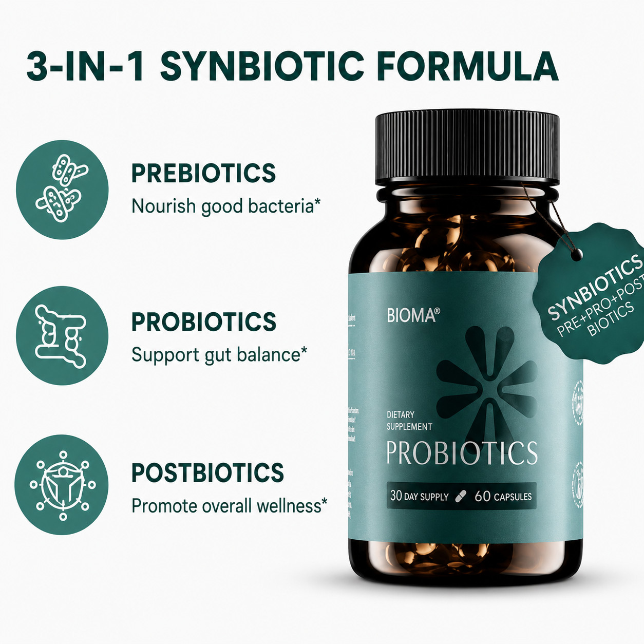 Bioma 3-in-1 Synbiotic Probiotics 60 Capsules Digestive & Gut Balance Formula