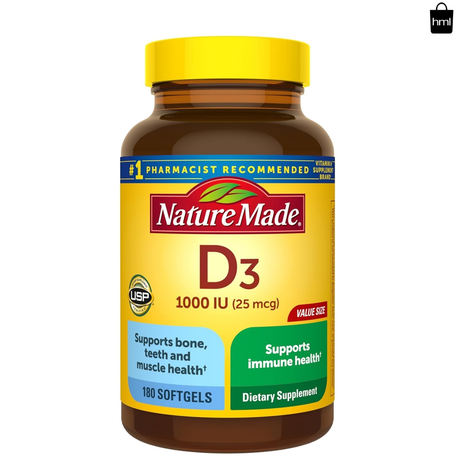 Nature Made Vitamin D3 1000 IU (25 Mcg), Vitamin D Supplement for Bone, Teeth, M