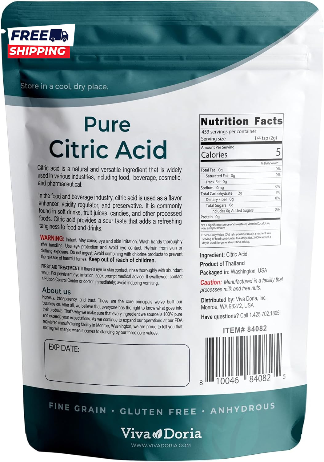 100% Pure Citric Acid Food Grade Fine Grain 2 Lb (907 G)