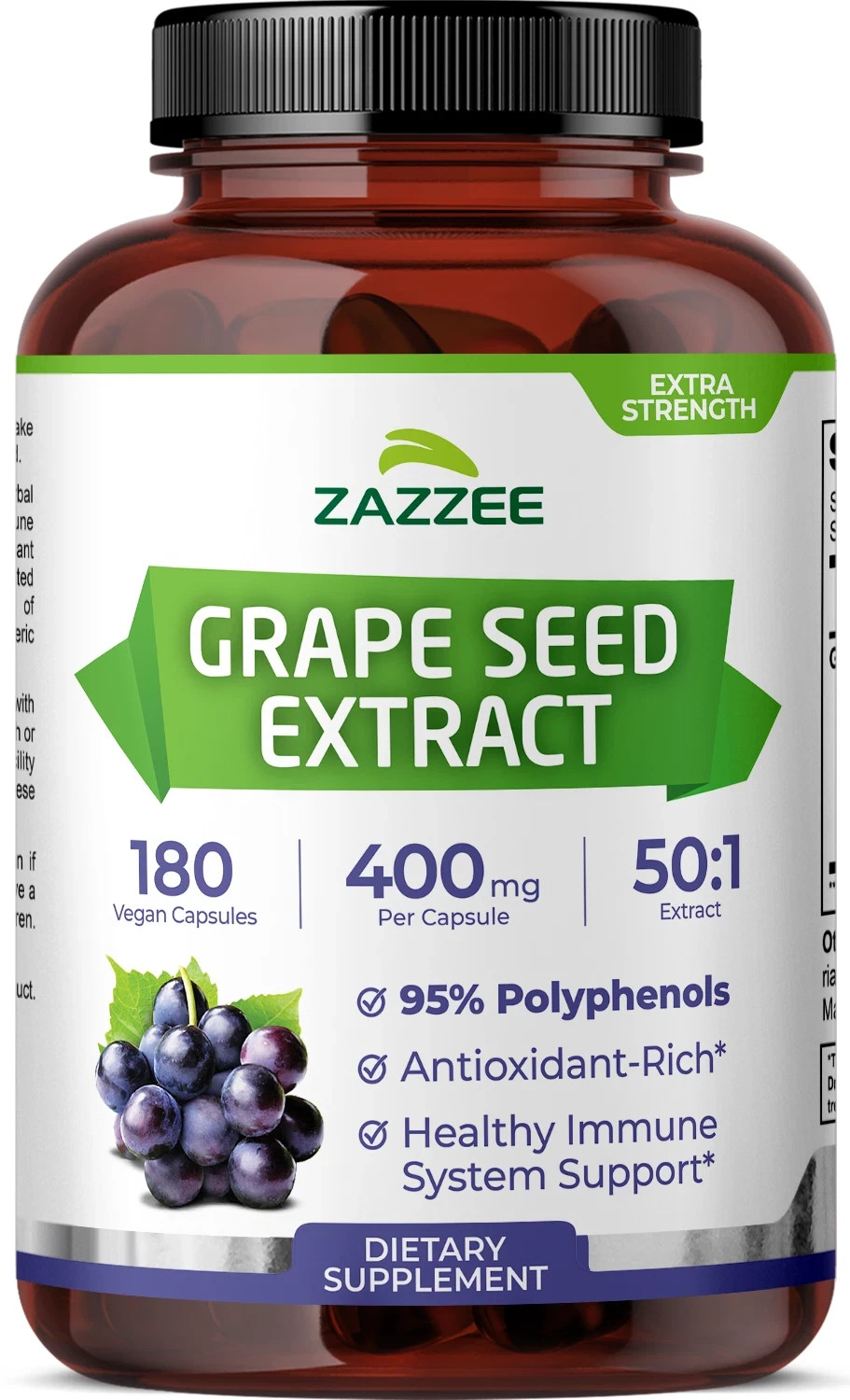 Zazzee Grape Seed 50:1 Extract 180 Vegan Capsules 95% Polyphenols Non GMO USA