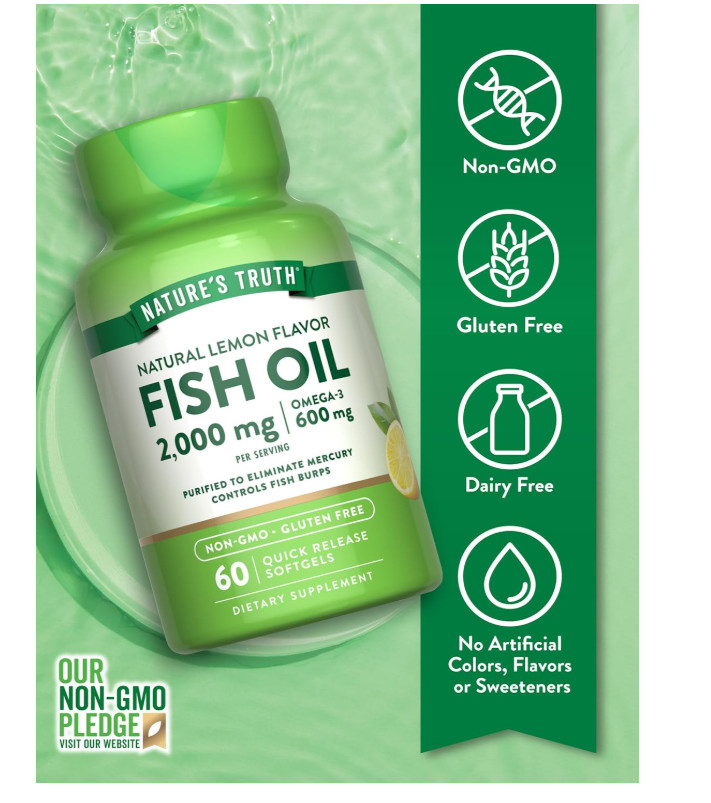Fish Oil Omega 3 Supplement 2000mg 60 Softgels Lemon Flavor EPA DHA Non-GMO Glut