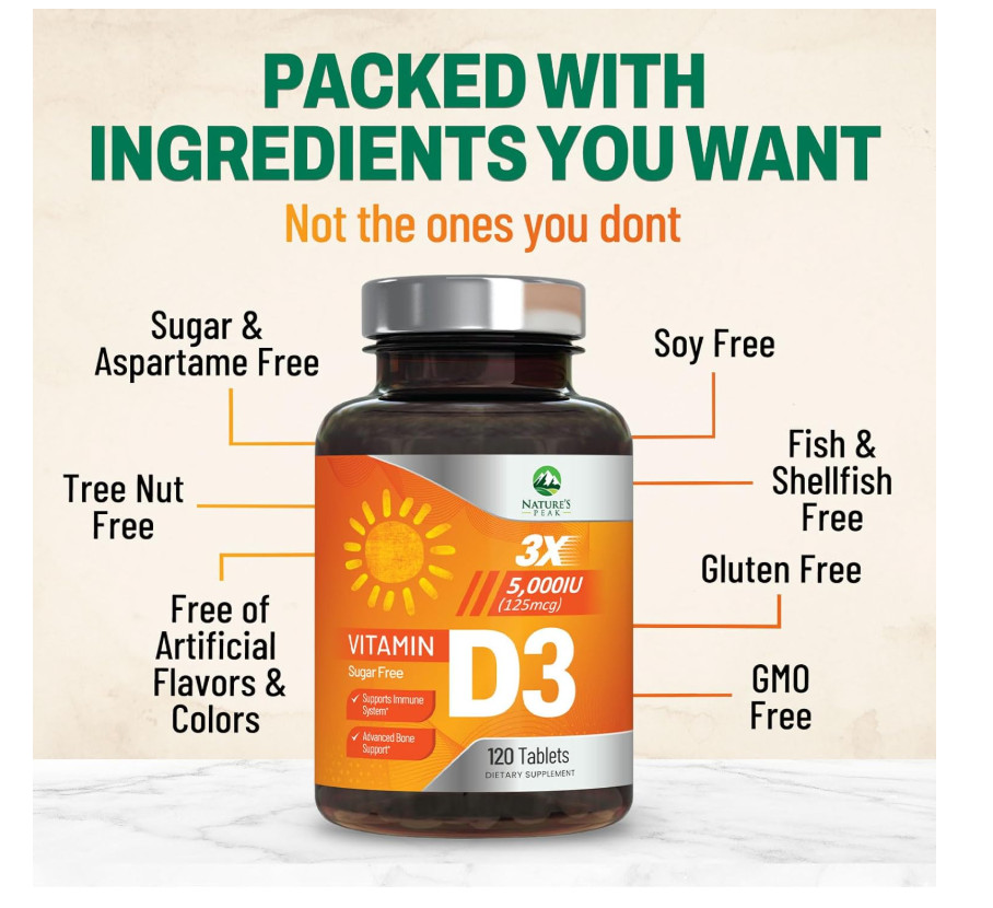 Vitamin D3 5000 IU 125mcg Chewable Tablets Raspberry Immune Bone Health 120 Coun