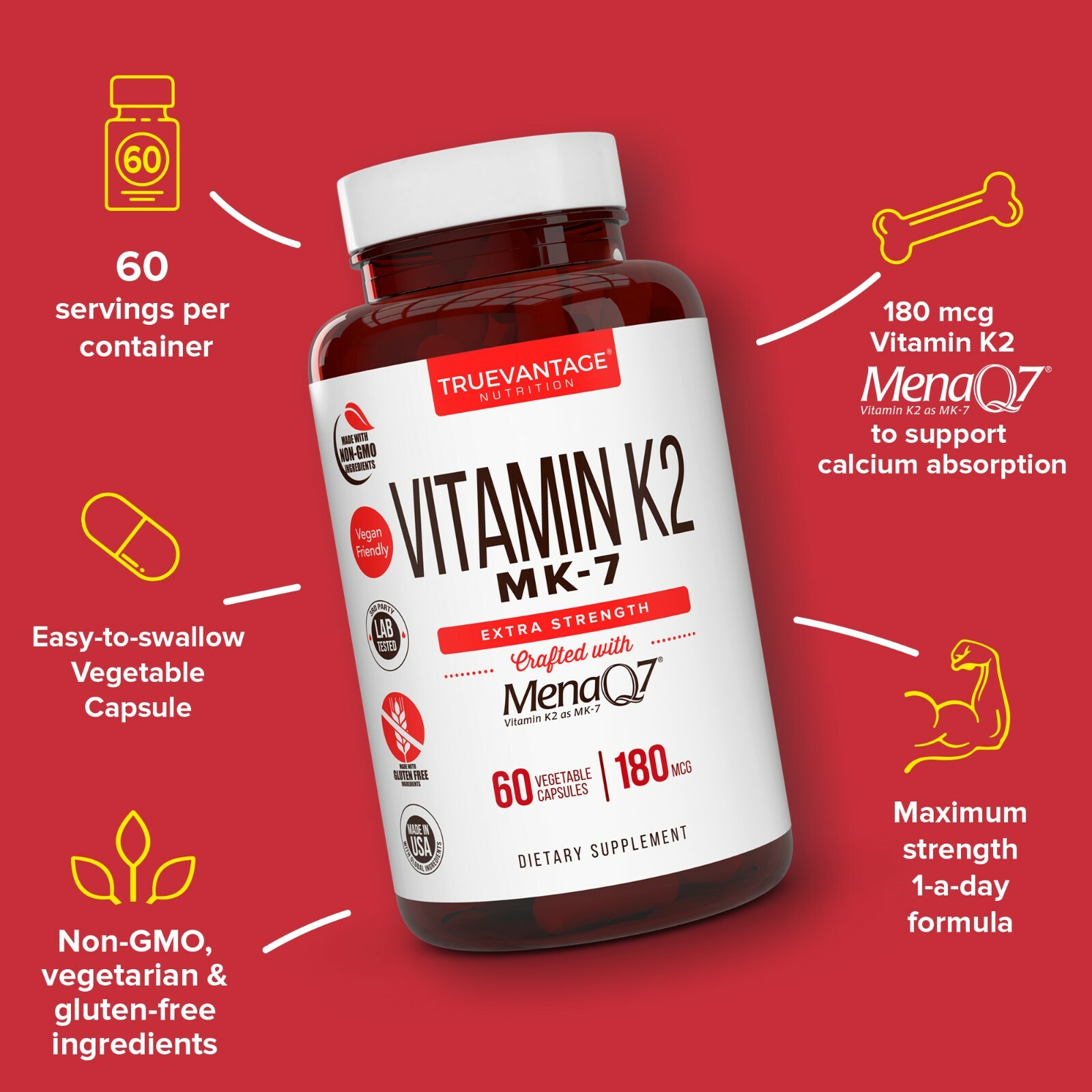 Vitamin K2 Supplement 180mcg -Vitamin K2 MK7 Supports Bone & Heart Health