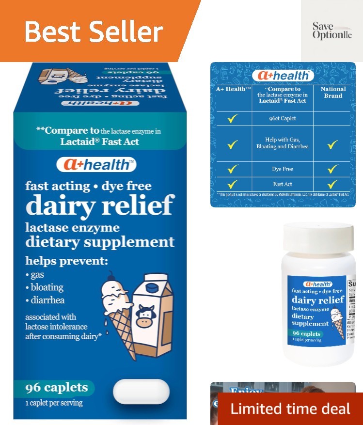 Dairy Relief Lactase Enzyme 96 Count, 9000 Caplets, Fast Acting, Dye-Free, D…