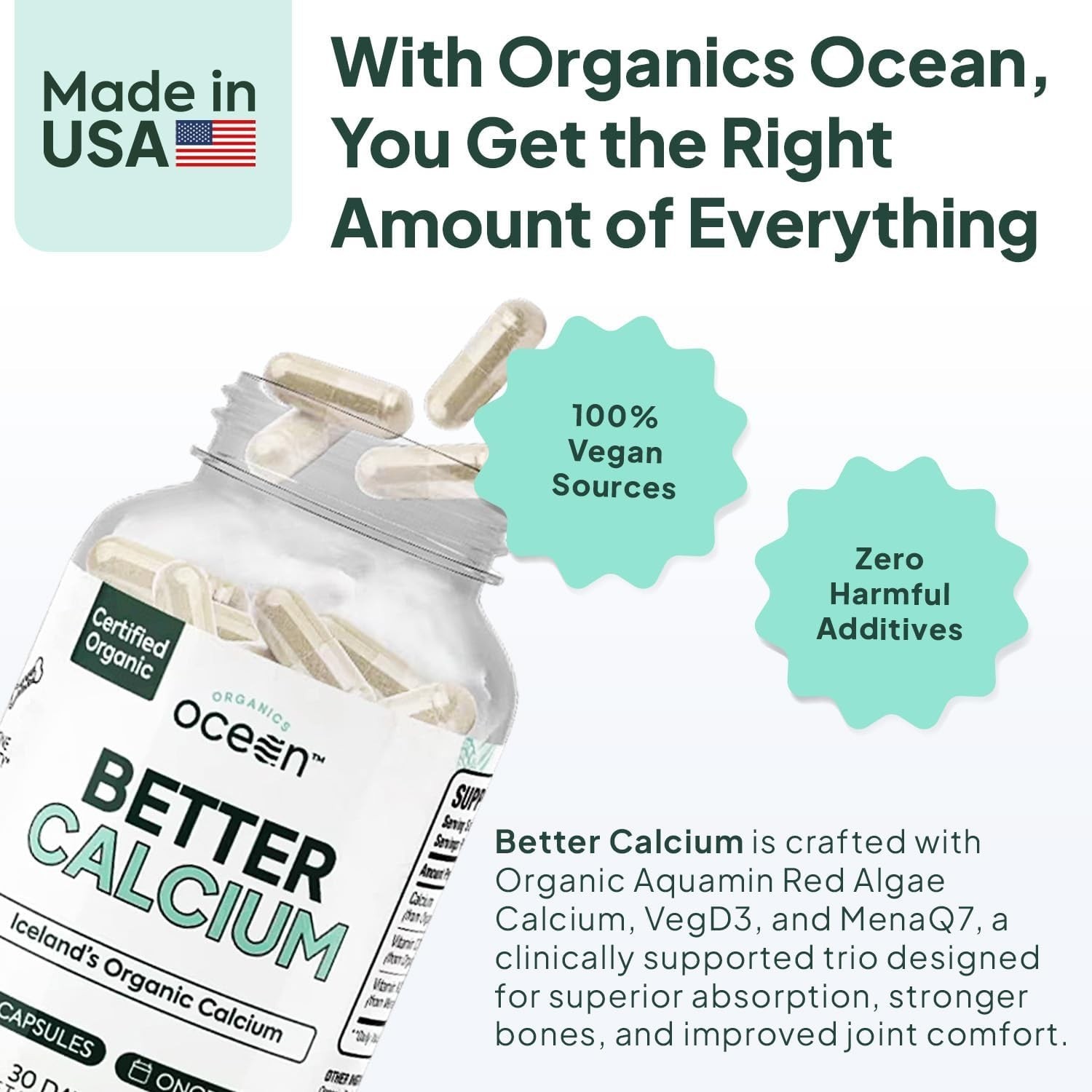 Organics Ocean Better Calcium – Organic Red Algae Calcium with Vitamin D3 and K2