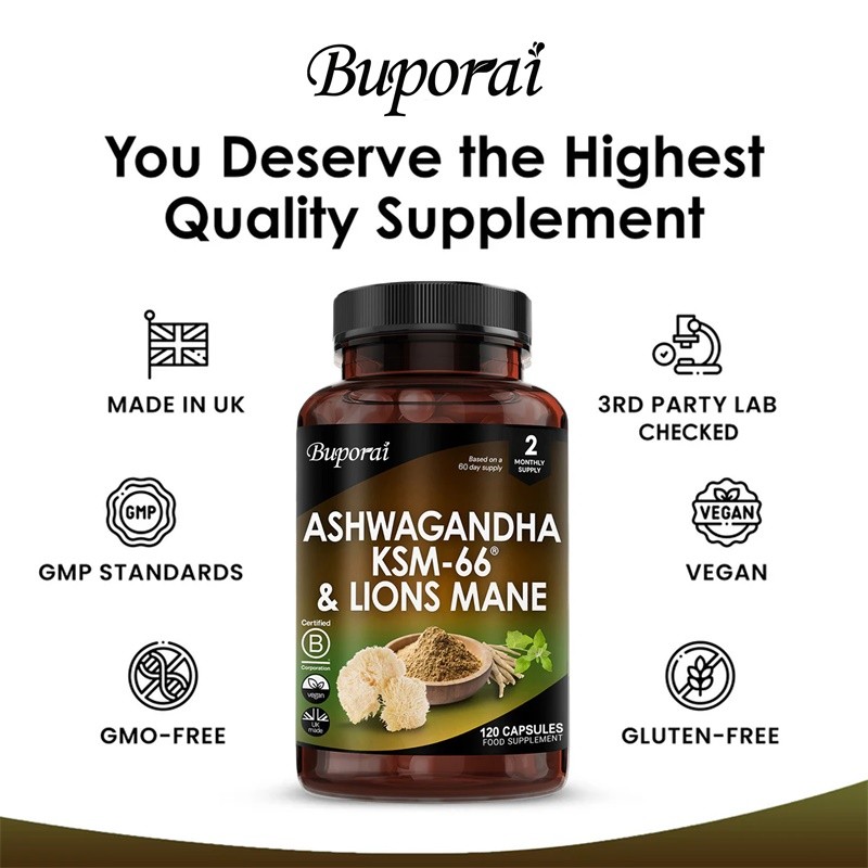 Ashwagandha KSM-66 & Lion’s Mane 120pcs,Replenishing Cortisol & Adrenal Function