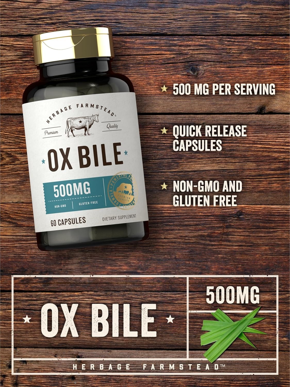 Ox Bile Supplement 500Mg 60 Capsules Digestive Enzyme Non-Gmo & Gluten Free by H