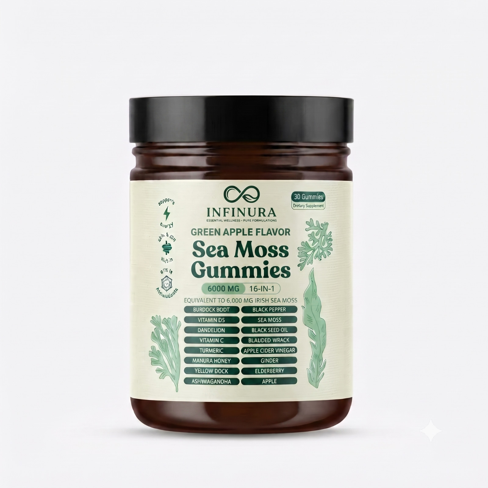 16-in-1 Irish Sea Moss Gummies 6000mg Green Apple Daily Wellness Supplement 30 C