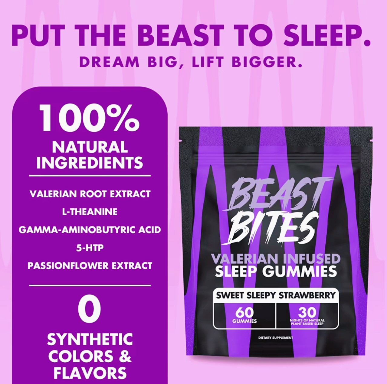 Beast Bites Sleep Gummies Valerian Infused Strawberry Natural Sleep Aid 60 Count
