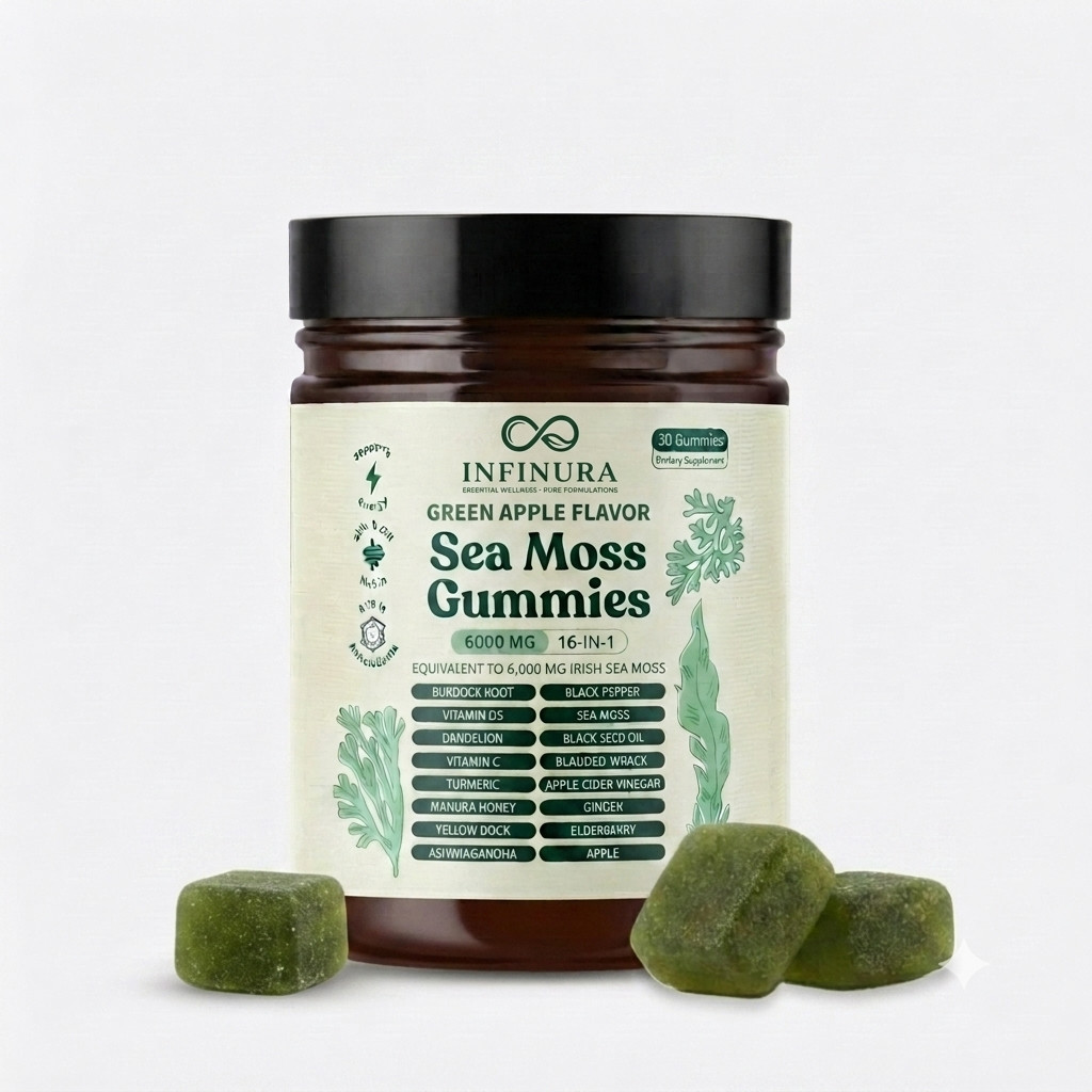 16-in-1 Irish Sea Moss Gummies 6000mg Green Apple Daily Wellness Supplement 30 C