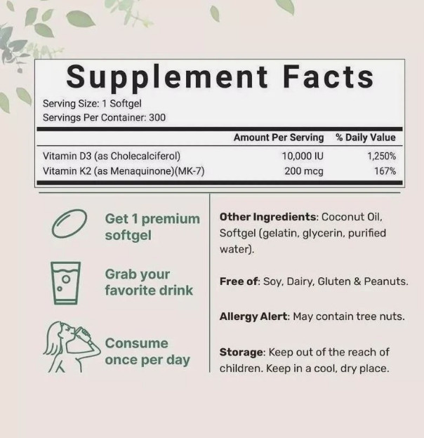 Vitamin D3 10000 iu Plus K2 (MK-7) 200 mcg, 300 Virgin Coconut Oil Softgels