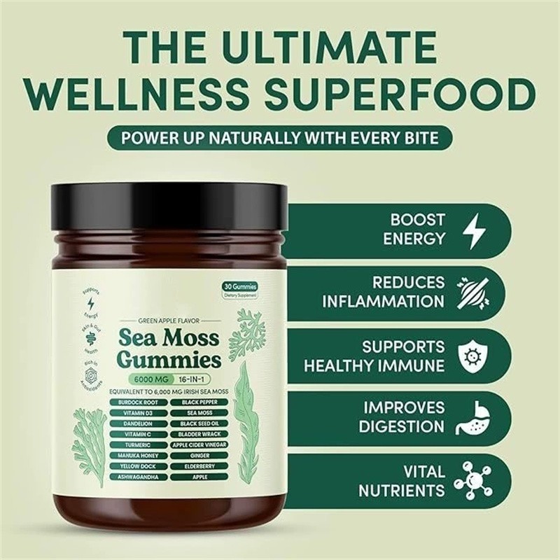 16 IN 1 Organic Sea Moss Gummy Irishmoss Extract 6000Mg | Green Apple Flavor US