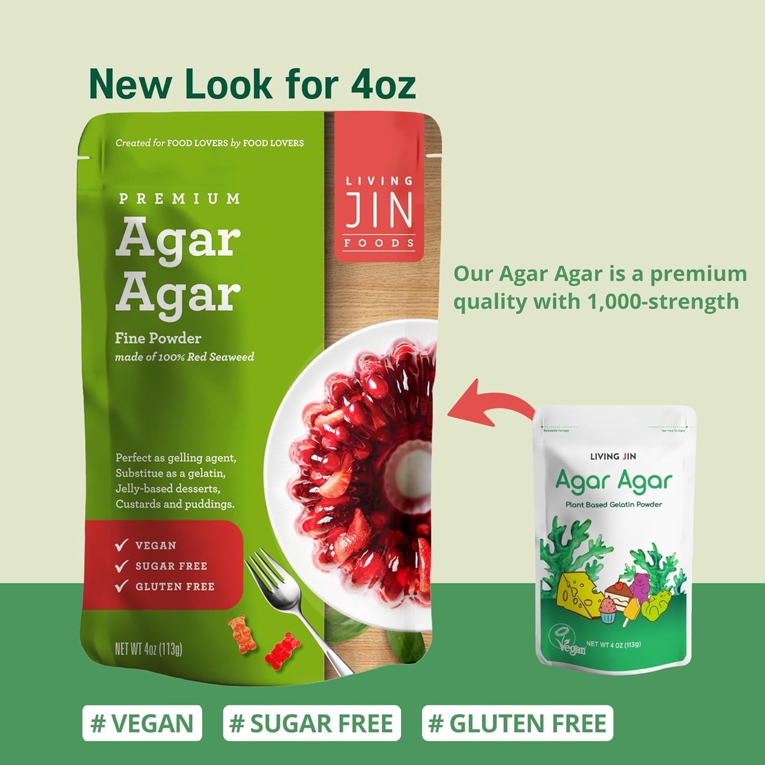 Agar Agar Powder 4 oz – Kosher, Vegan Gelatin, Sugar-Free, Natural Red Algae