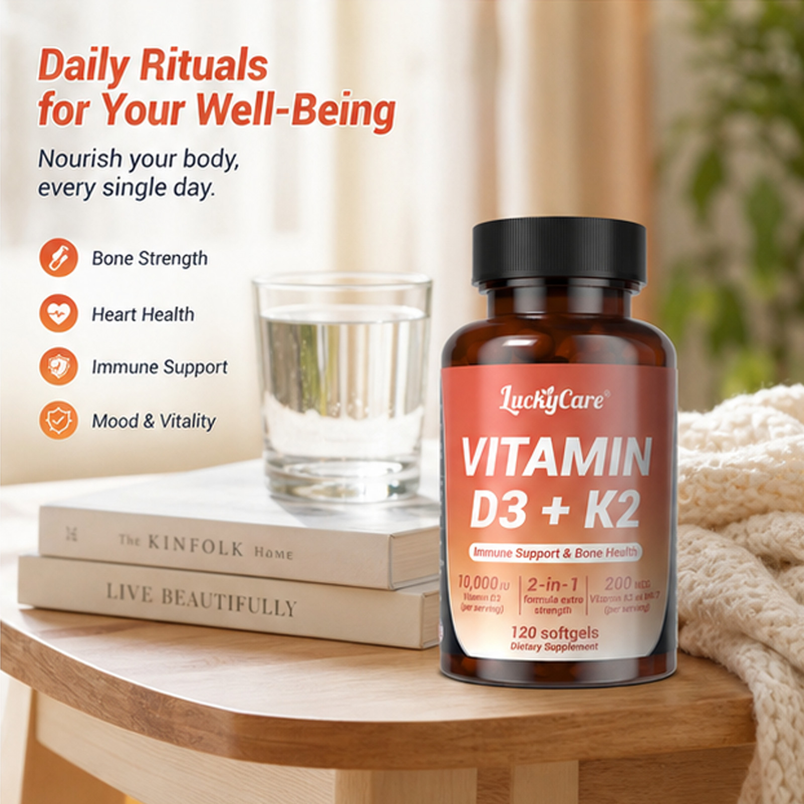 Vitamin D3 K2 10000 iu with Coconut Oil, VIT d3 and k2 Supplements, 120 Gel Caps