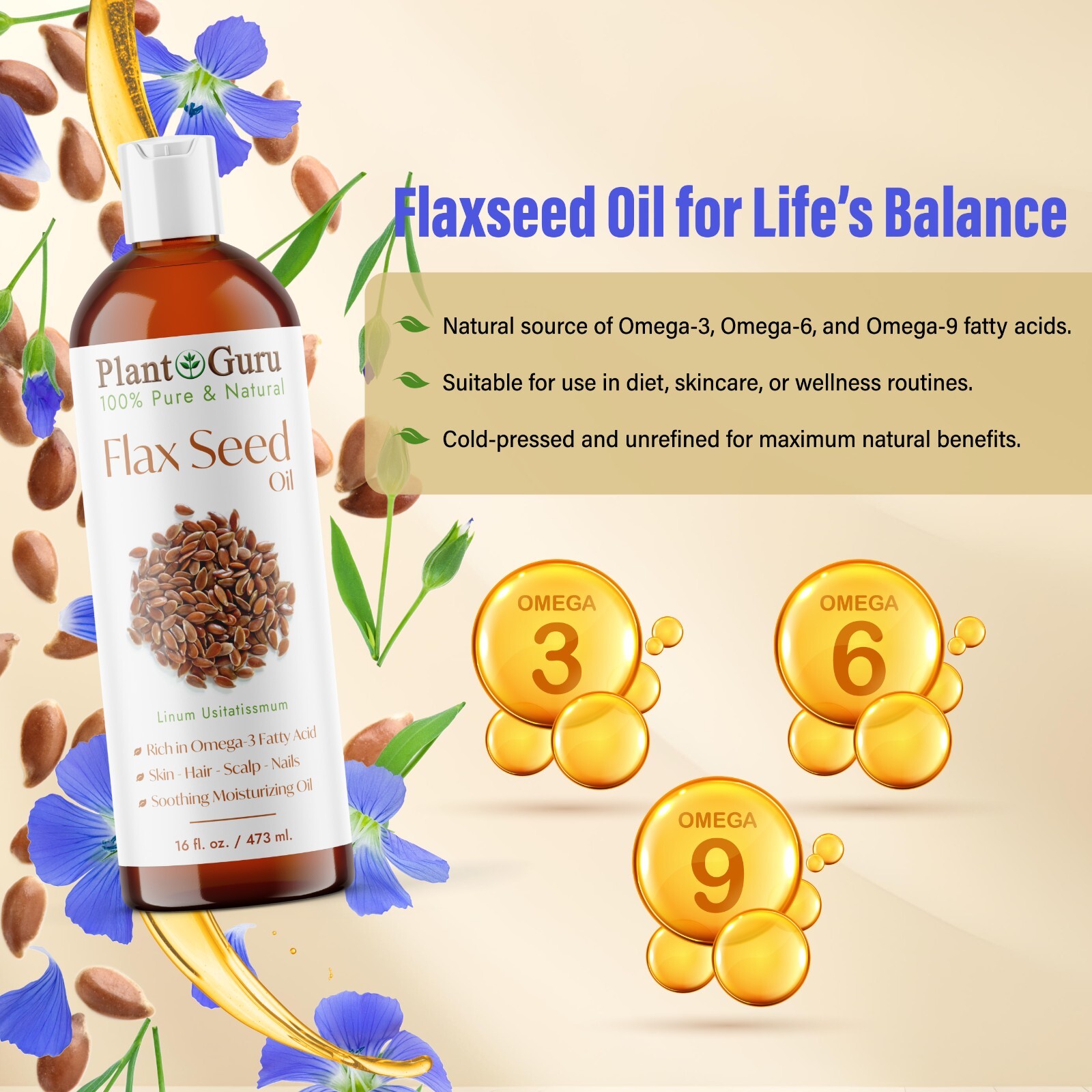 Flaxseed Oil Cold Pressed Unrefined 100% Pure Flax Seed Linseed Liquid Bulk