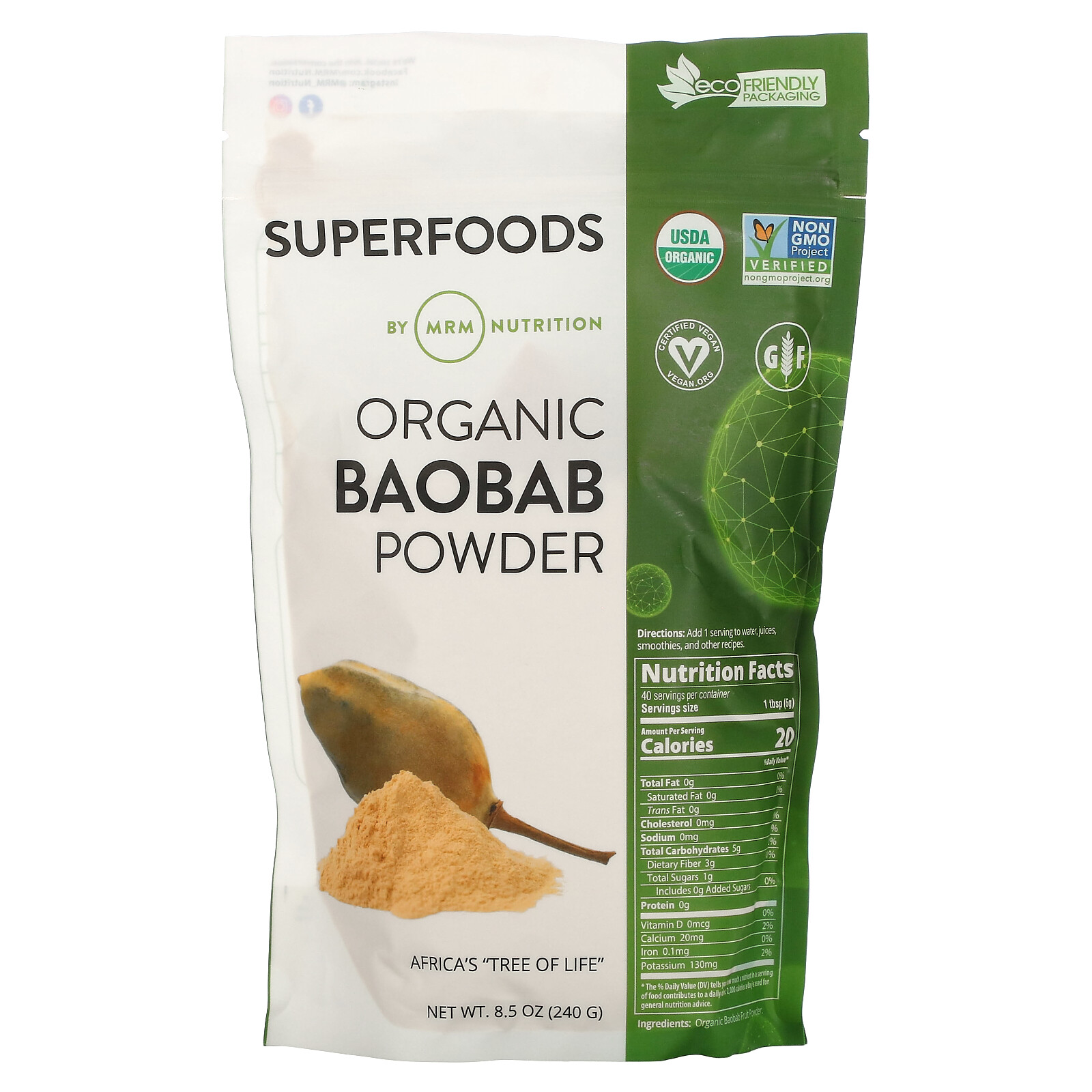 MRM Organic Baobab Powder 8 5 oz 240 g EcoFriendly, Gluten-Free, Non-GMO,