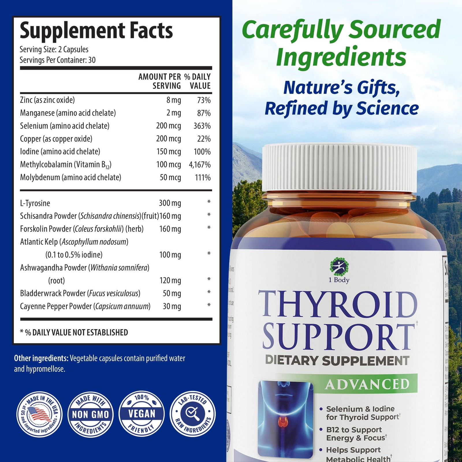 1 Body Thyroid Support Supplement for Women and Men, Selenium with Iodine, Zi…