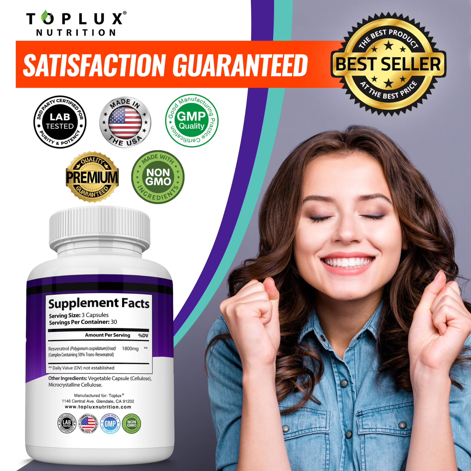 Toplux Resveratrol Supplement 1800mg Antioxidant Support 90 Capsules
