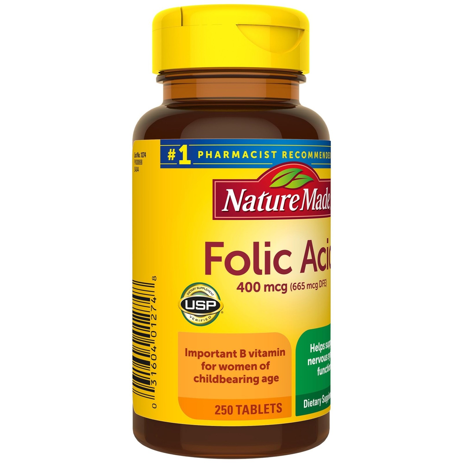 Nature Made Folic Acid 400mcg (665 mcg DFE), 250 Count (Pack of 1), White