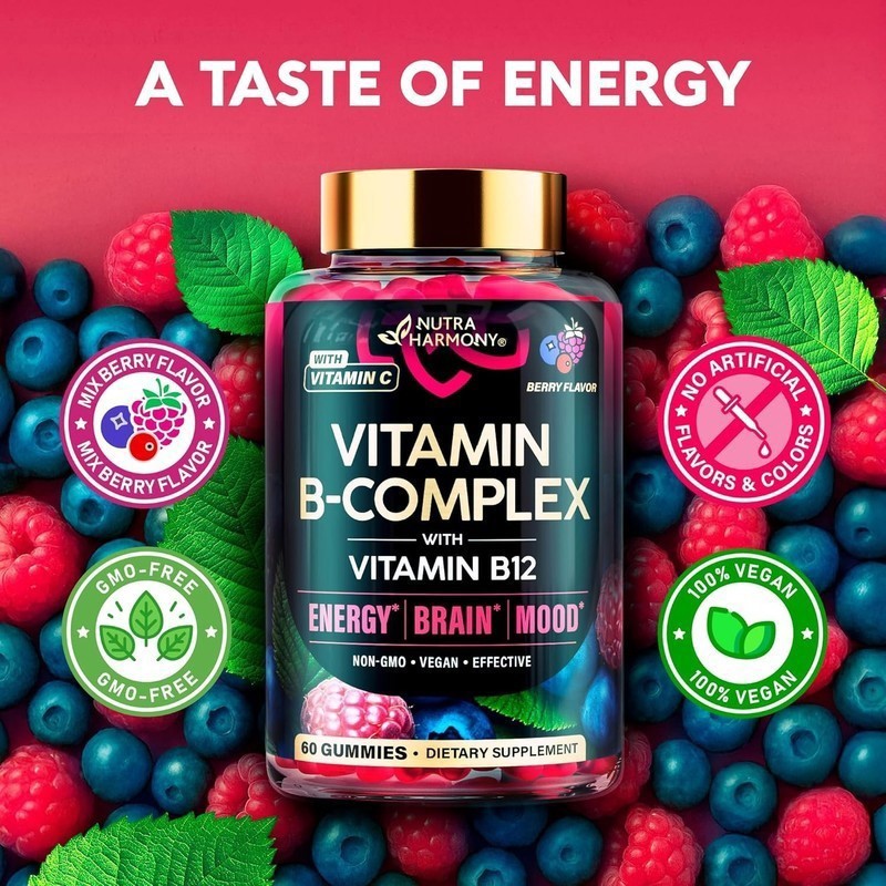 Vitamin B-Complex Gummies W/ Vitamin B12 B1 B2 B3 B5 B6 B7 B9 for Women Men