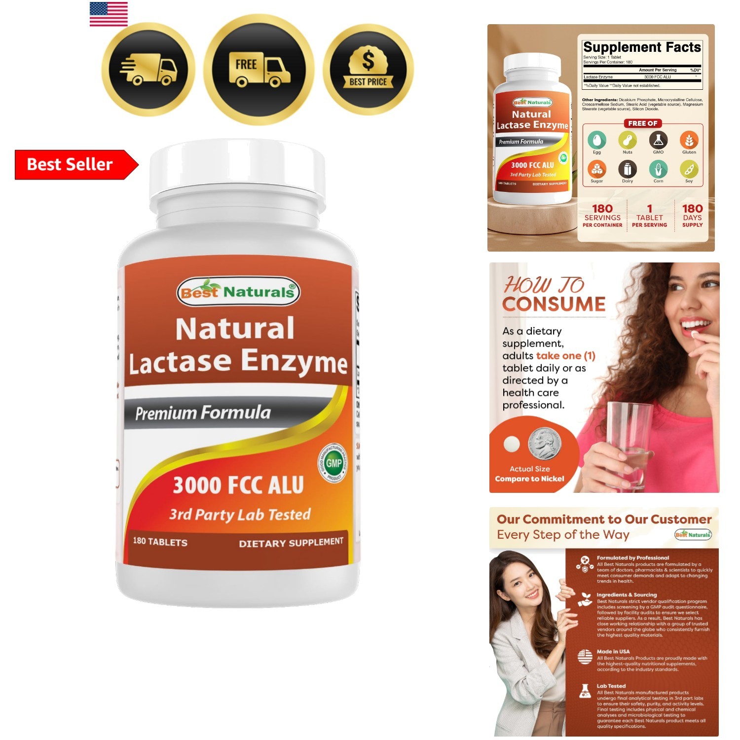 Fast Acting Lactase Enzyme Tablet, 3000 Alu, 180 Count
