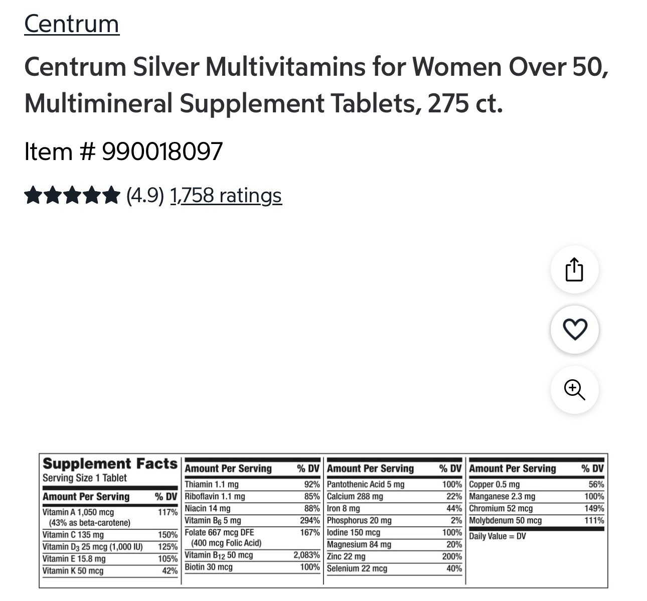 Centrum Silver Women 50 Plus Complete Daily Multivitamin 275 Tabs EXP 08/2027