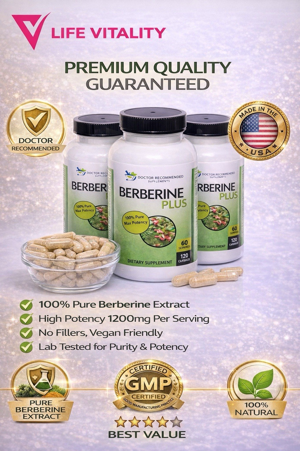 BERBERINE PLUS 1200mg 360 Veggie Caps 3PACK HIGH POTENCY HERBAL SUPPLEMENT