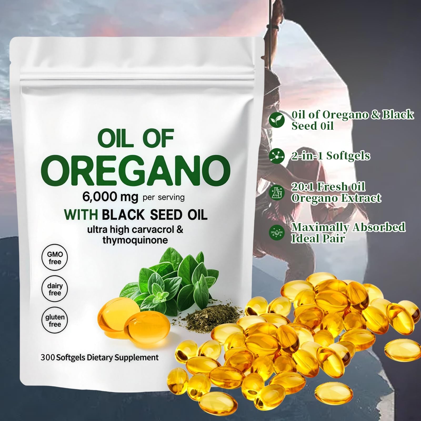 Organic Oil of Oregano & Black Seed Oil Capsules, 6000mg, 300 Softgels, Immune S