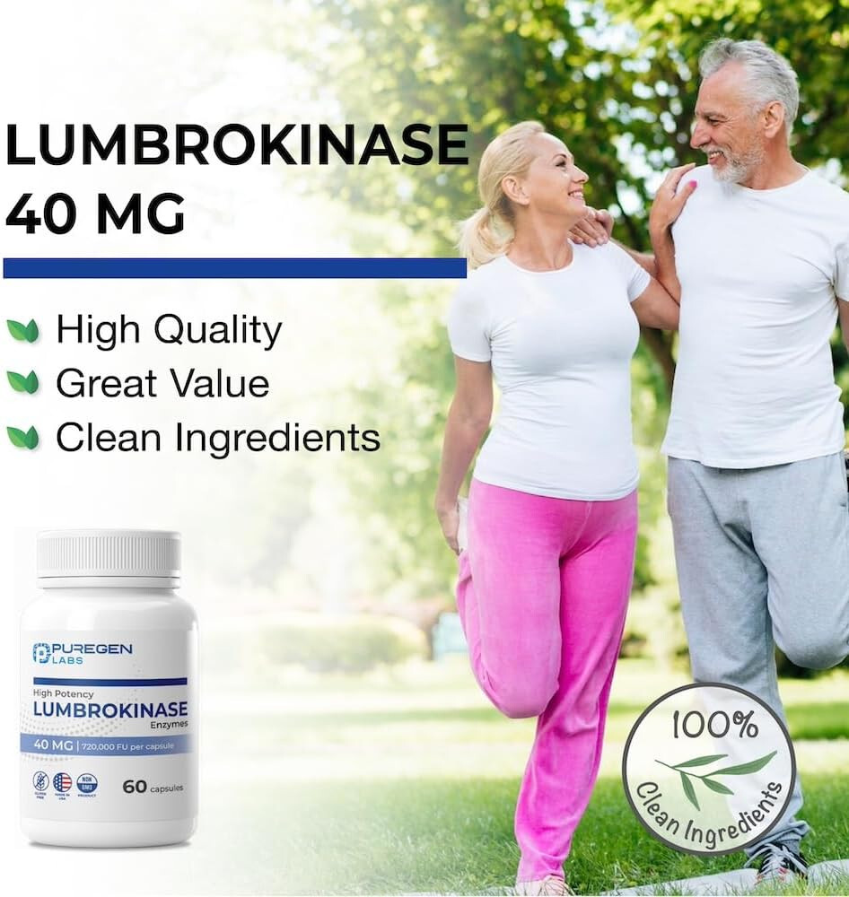 Puregen Labs Lumbrokinase 40mg per Capsule High Potency Supplement 60 Veg Caps